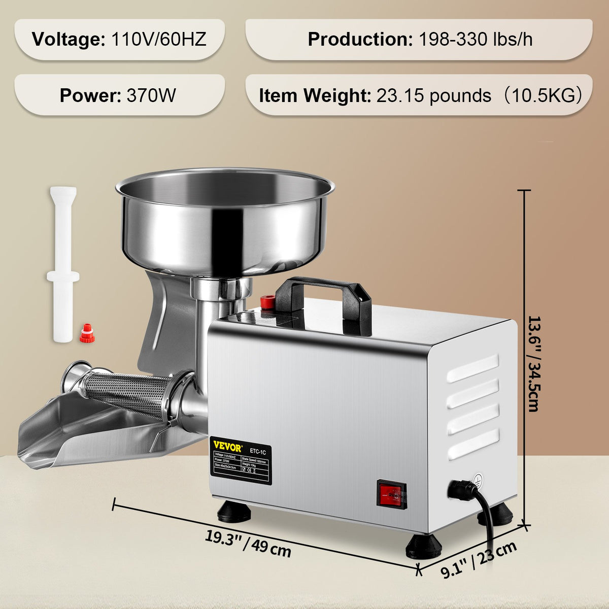 VEVOR Electric Tomato Sieve 370 W, 90–160 kg/h, Stainless Steel