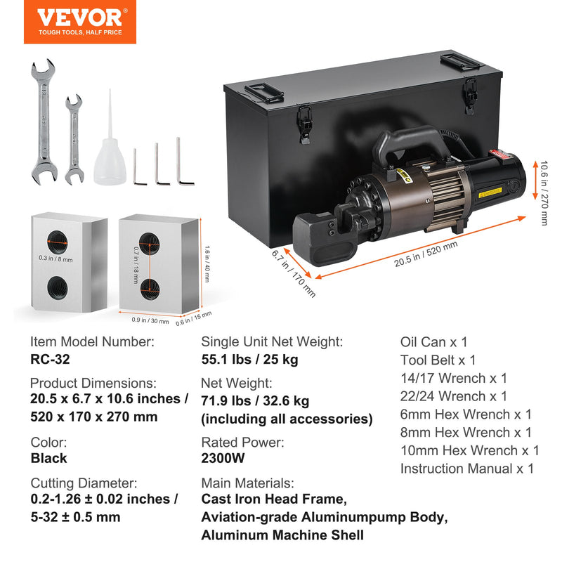 VEVOR 2300W elektriskais hidrauliskais armatūras griezējs – griešana līdz 5-32 mm armatūrai