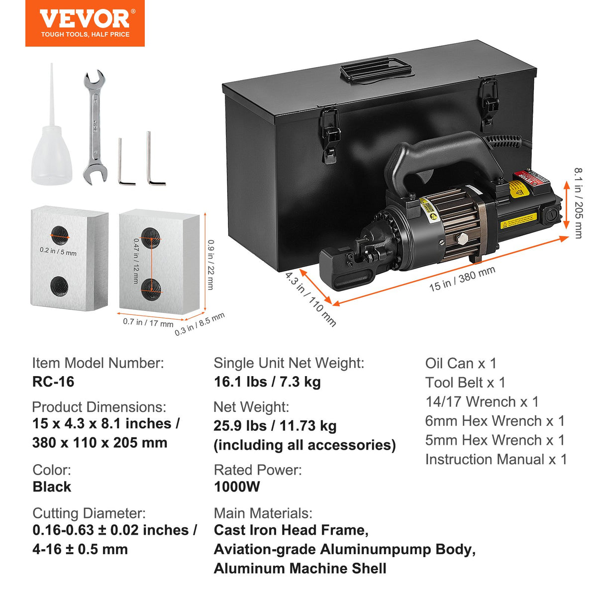 VEVOR 1000W elektriskais hidrauliskais armatūras griezējs - griešana līdz 4-16 mm