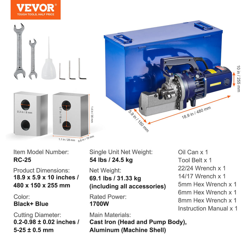 VEVOR 1700W elektriskais hidrauliskais armatūras griezējs - griešana līdz 5-25 mmi (