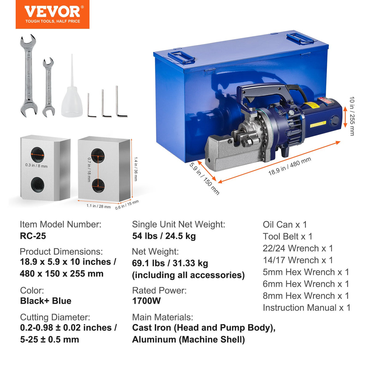 VEVOR 1700W elektriskais hidrauliskais armatūras griezējs - griešana līdz 5-25 mmi (