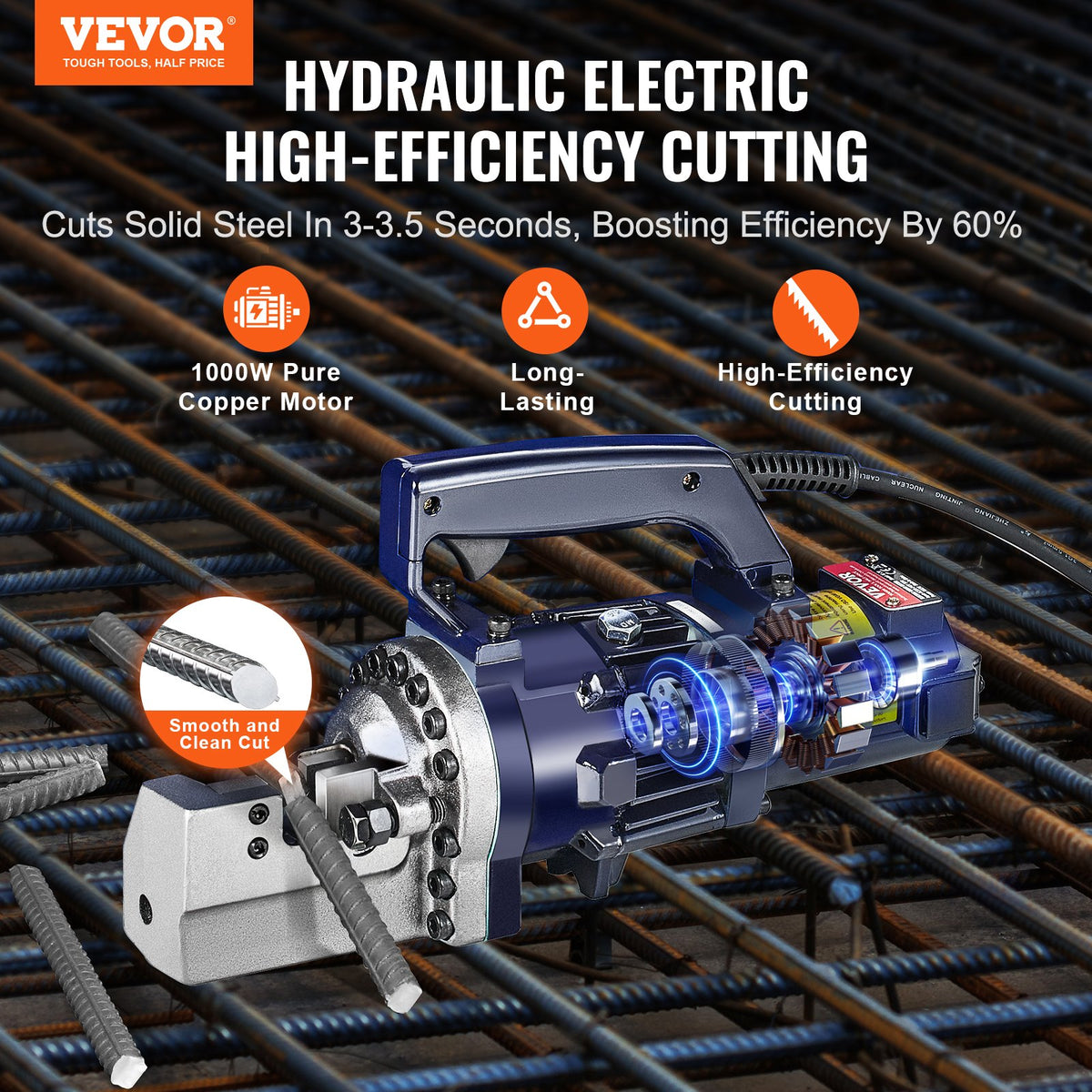 VEVOR 1000W Electric Hydraulic Rebar Cutter up to 4-20 mm (