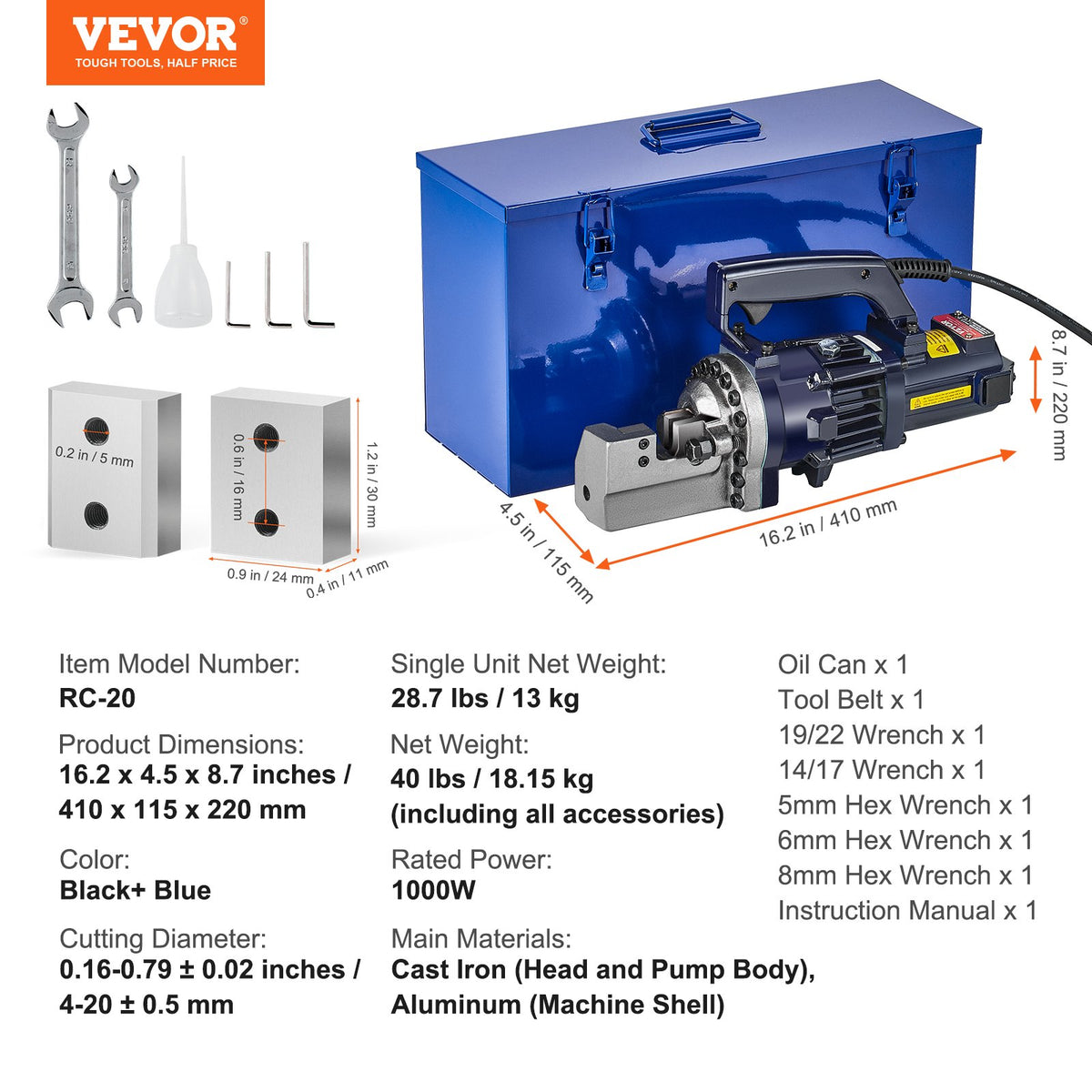 VEVOR 1000W Electric Hydraulic Rebar Cutter up to 4-20 mm (