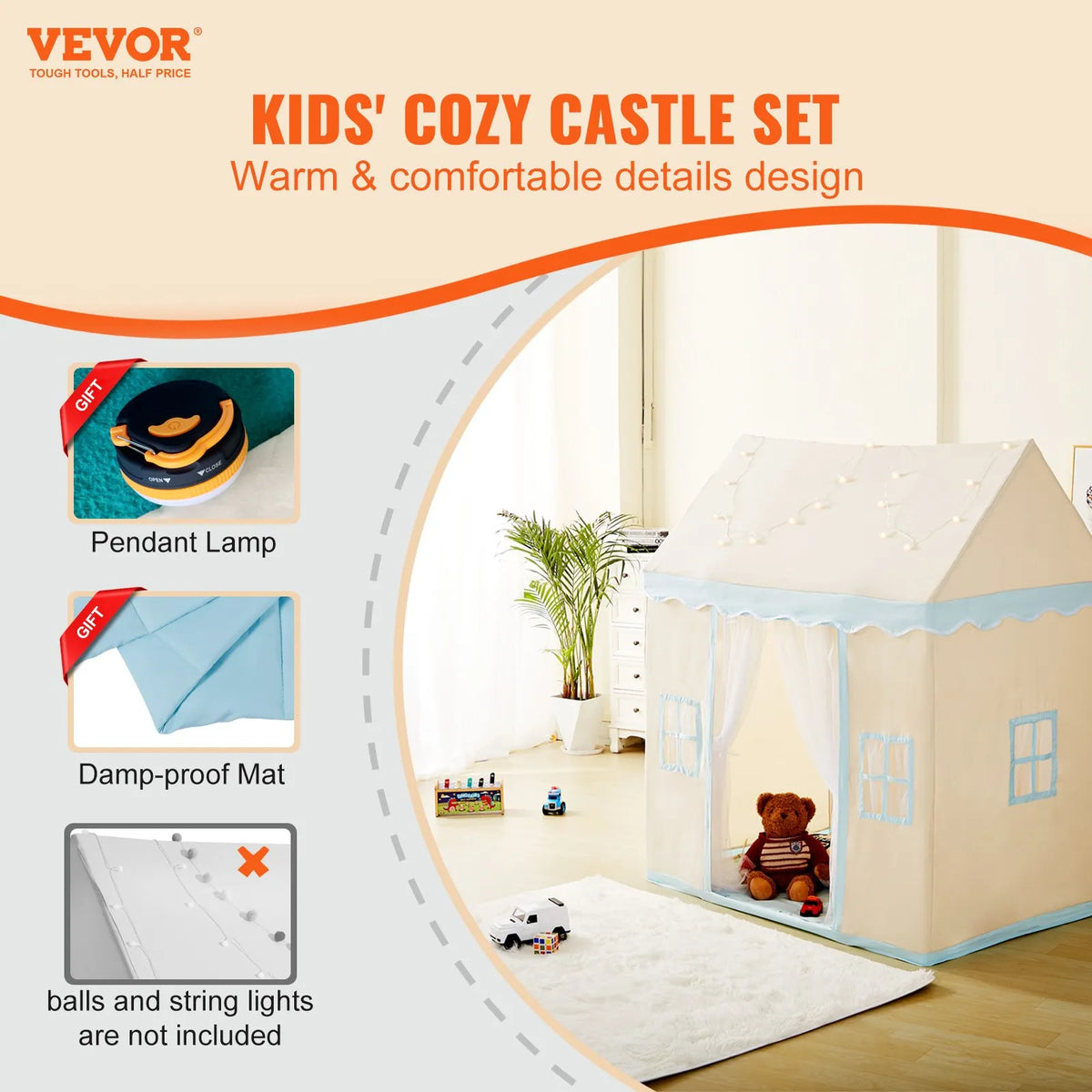 VEVOR Children's Play Tent Castle for Ages 1–5 with Mat and Light, Beige
