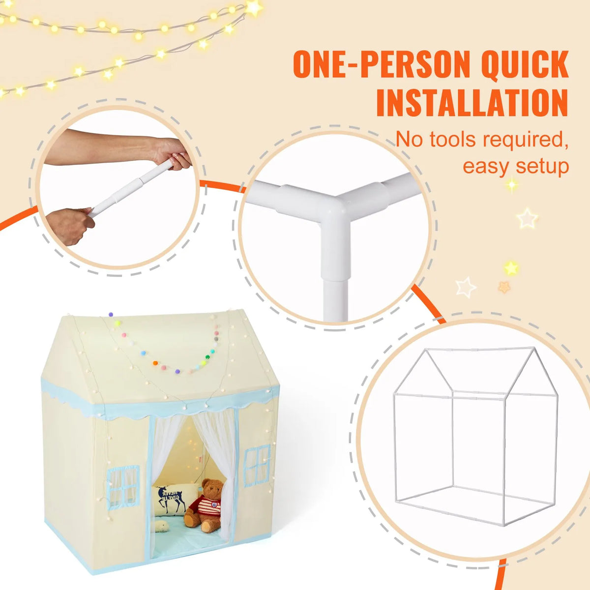 VEVOR Children's Play Tent Castle for Ages 1–5 with Mat and Light, Beige