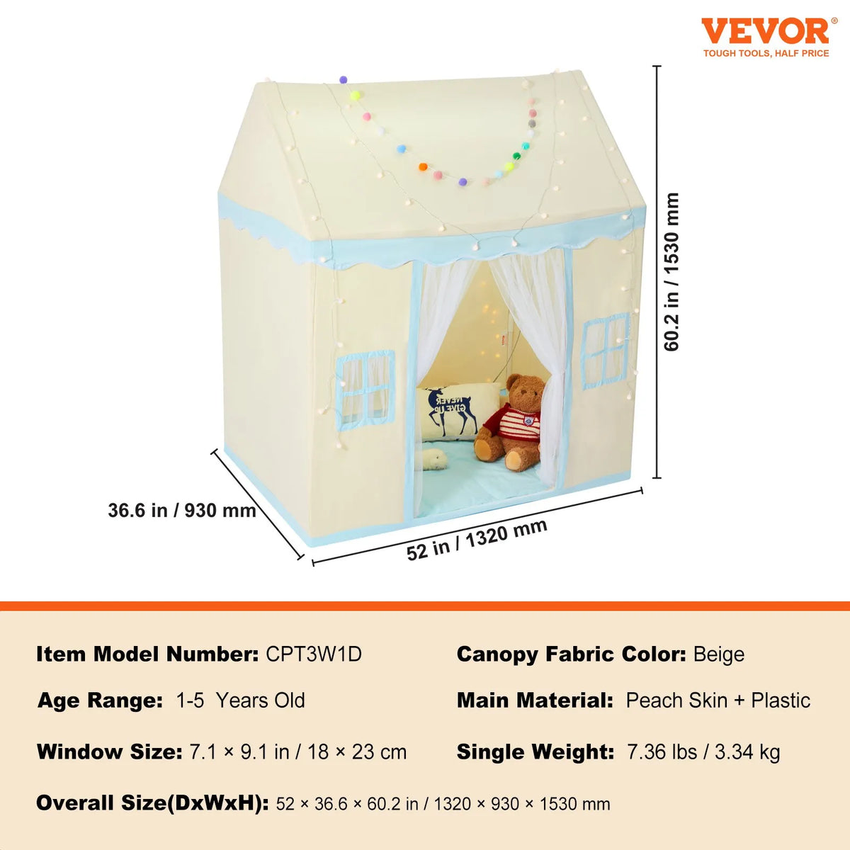 VEVOR Children's Play Tent Castle for Ages 1–5 with Mat and Light, Beige