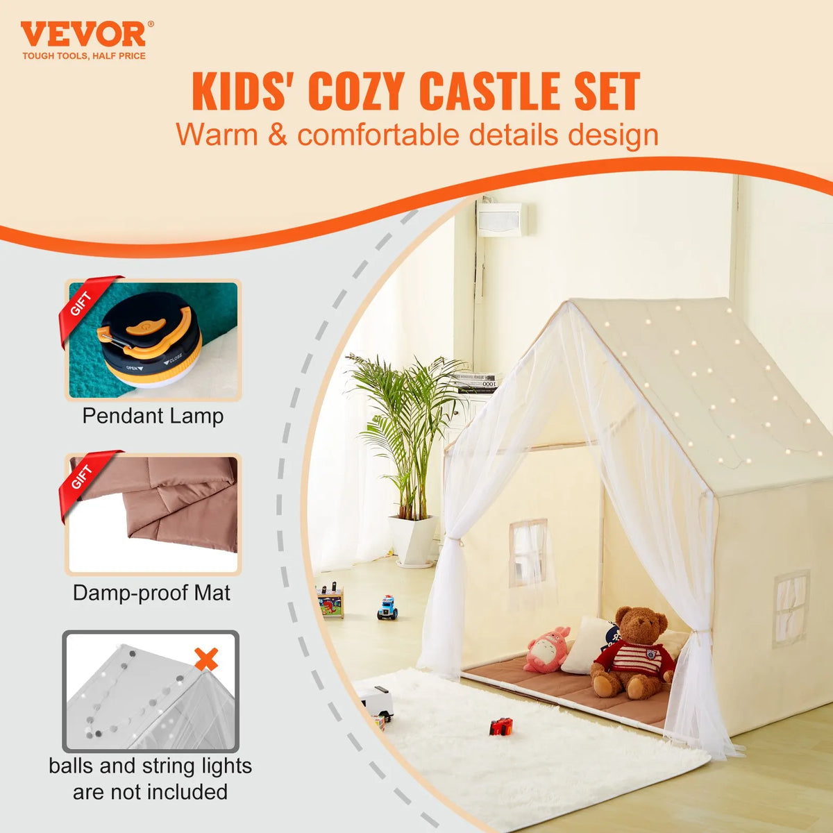VEVOR Children's Play Tent Yurt 1-5 Years with Mat and Light, Beige