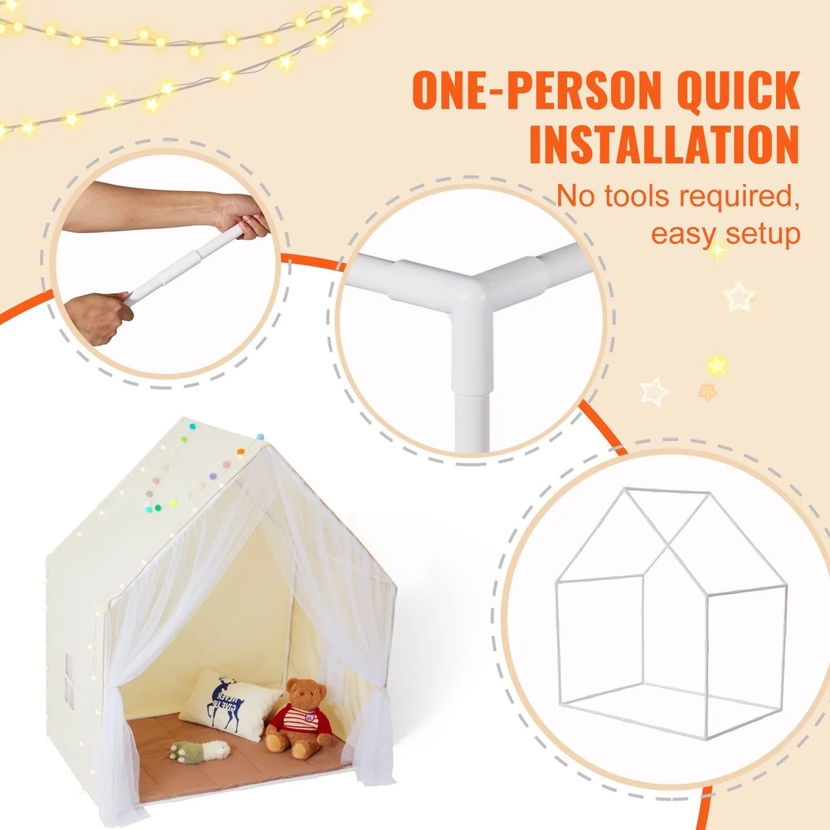 VEVOR Children's Play Tent Yurt 1-5 Years with Mat and Light, Beige