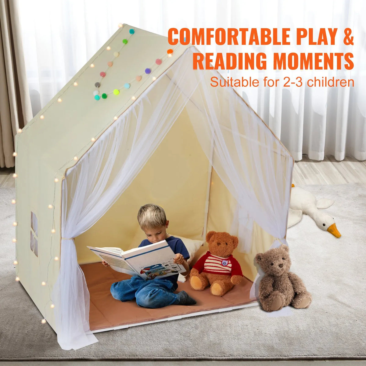 VEVOR Children's Play Tent Yurt 1-5 Years with Mat and Light, Beige