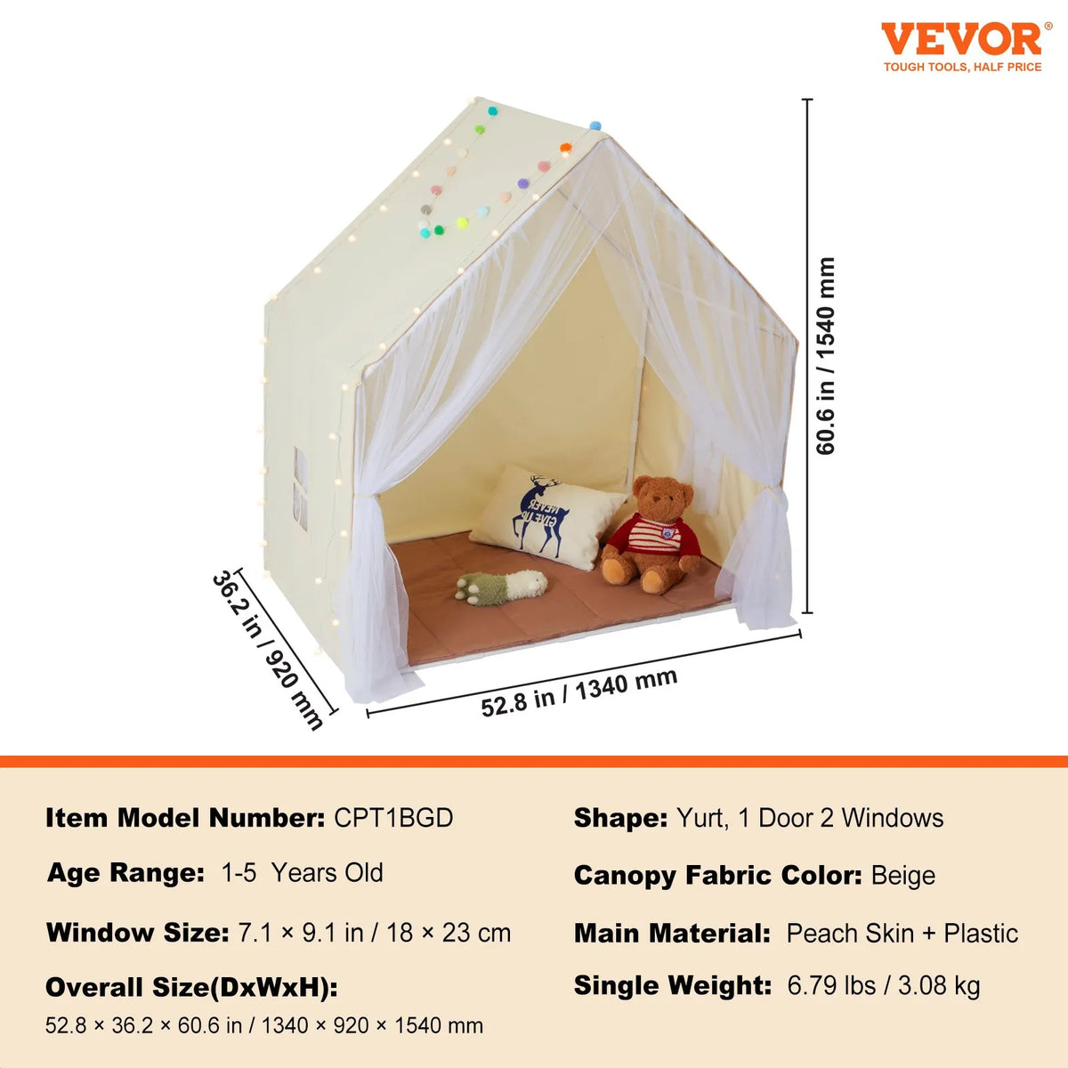 VEVOR Children's Play Tent Yurt 1-5 Years with Mat and Light, Beige