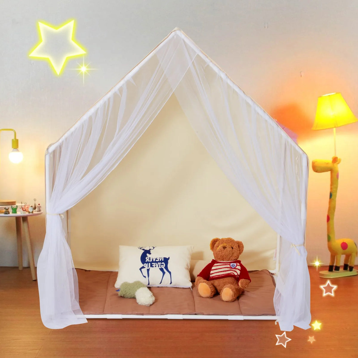 VEVOR Children's Play Tent Yurt 1-5 Years with Mat and Light, Beige