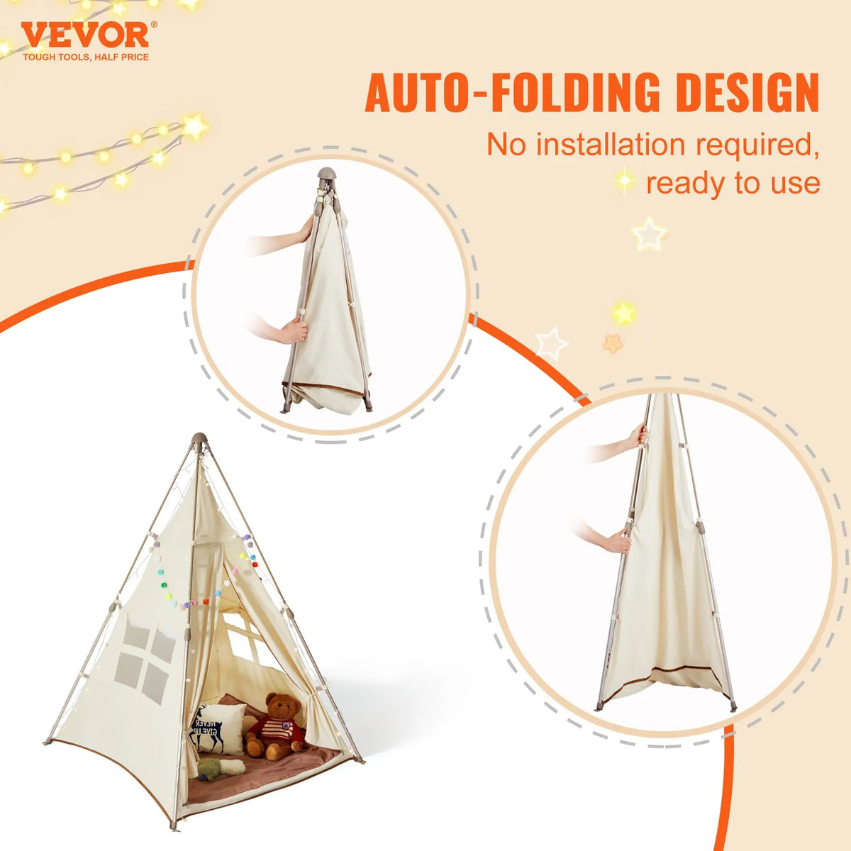 VEVOR Children's Play Tent Tipi 1-5 Years with Mat and Bag, Beige