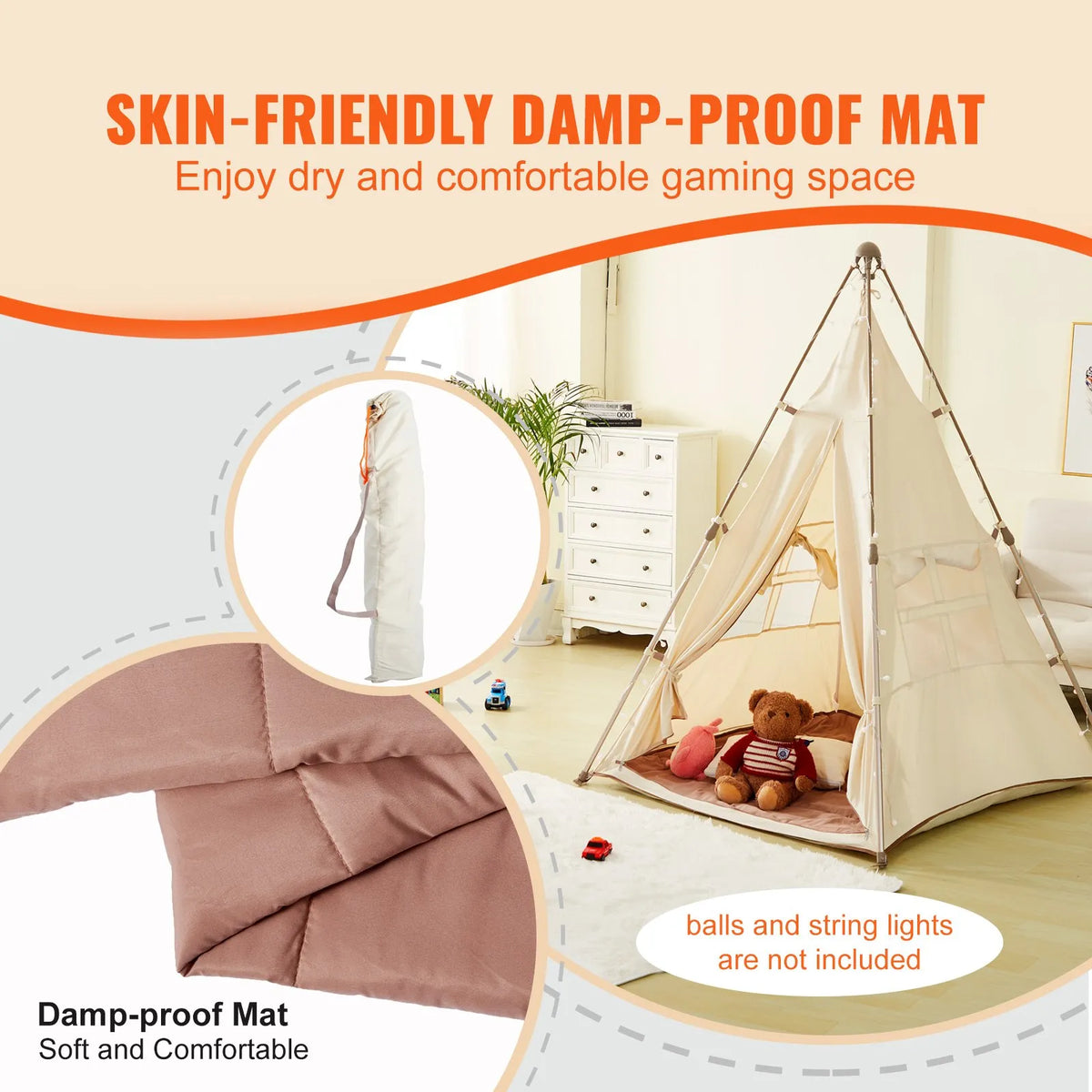 VEVOR Children's Play Tent Tipi 1-5 Years with Mat and Bag, Beige