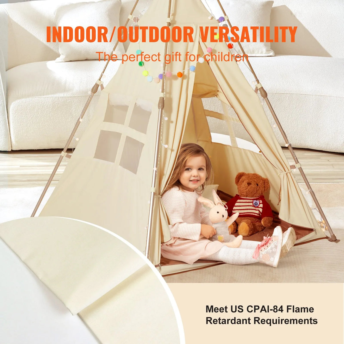 VEVOR Children's Play Tent Tipi 1-5 Years with Mat and Bag, Beige