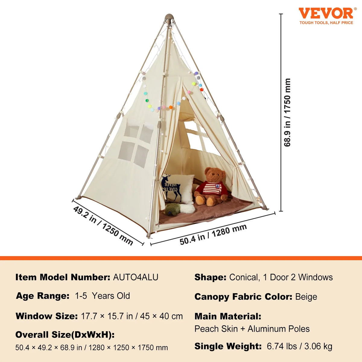 VEVOR Children's Play Tent Tipi 1-5 Years with Mat and Bag, Beige