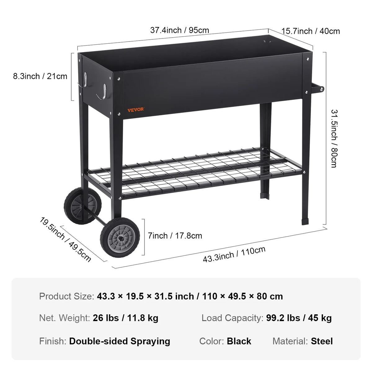 Paaugstinātā dārza dobe, 108 × 50 × 80 cm cinkota metāla stādīšanas kaste ar kājām, piemērota ziedu, dārzeņu un garšaugu audzēšanai pagalmā, dārzā, terasē vai balkonā, melna