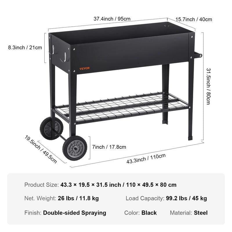 Paaugstinātā dārza dobe, 108 × 50 × 80 cm cinkota metāla stādīšanas kaste ar kājām, piemērota ziedu, dārzeņu un garšaugu audzēšanai pagalmā, dārzā, terasē vai balkonā, melna