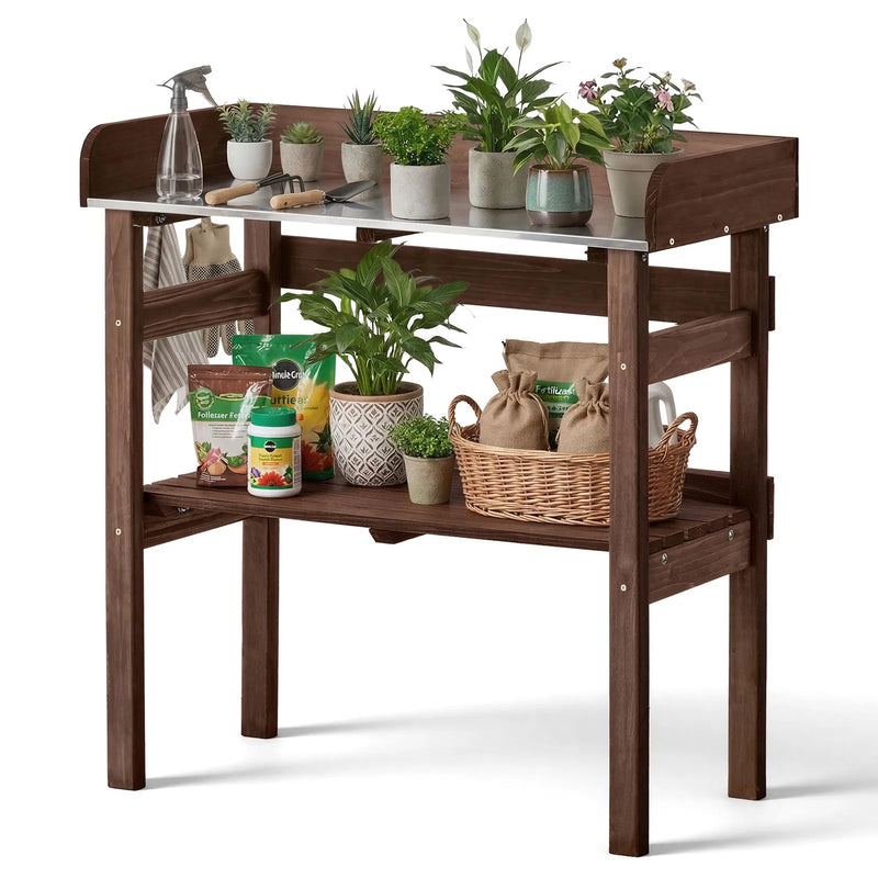 VEVOR dārza darba galds stādu pārstādīšanai ar 78 × 38 cm koka virsmu, uzglabāšanas plauktiem un āķiem, āra dārzkopības darba stacija terasei, pagalmam un balkonam, brūns - ZEMLETES.LV