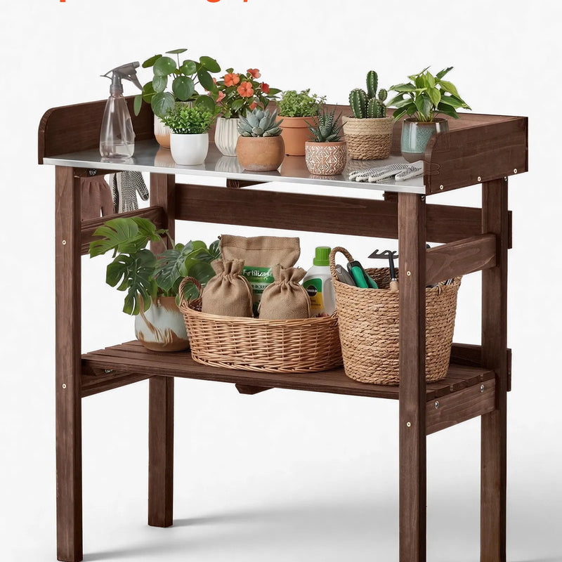 VEVOR dārza darba galds stādu pārstādīšanai ar 78 × 38 cm koka virsmu, uzglabāšanas plauktiem un āķiem, āra dārzkopības darba stacija terasei, pagalmam un balkonam, brūns - ZEMLETES.LV