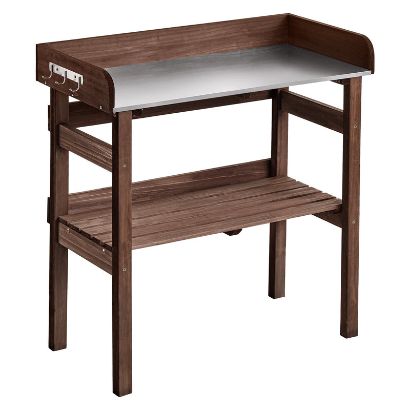 VEVOR dārza darba galds stādu pārstādīšanai ar 78 × 38 cm koka virsmu, uzglabāšanas plauktiem un āķiem, āra dārzkopības darba stacija terasei, pagalmam un balkonam, brūns - ZEMLETES.LV