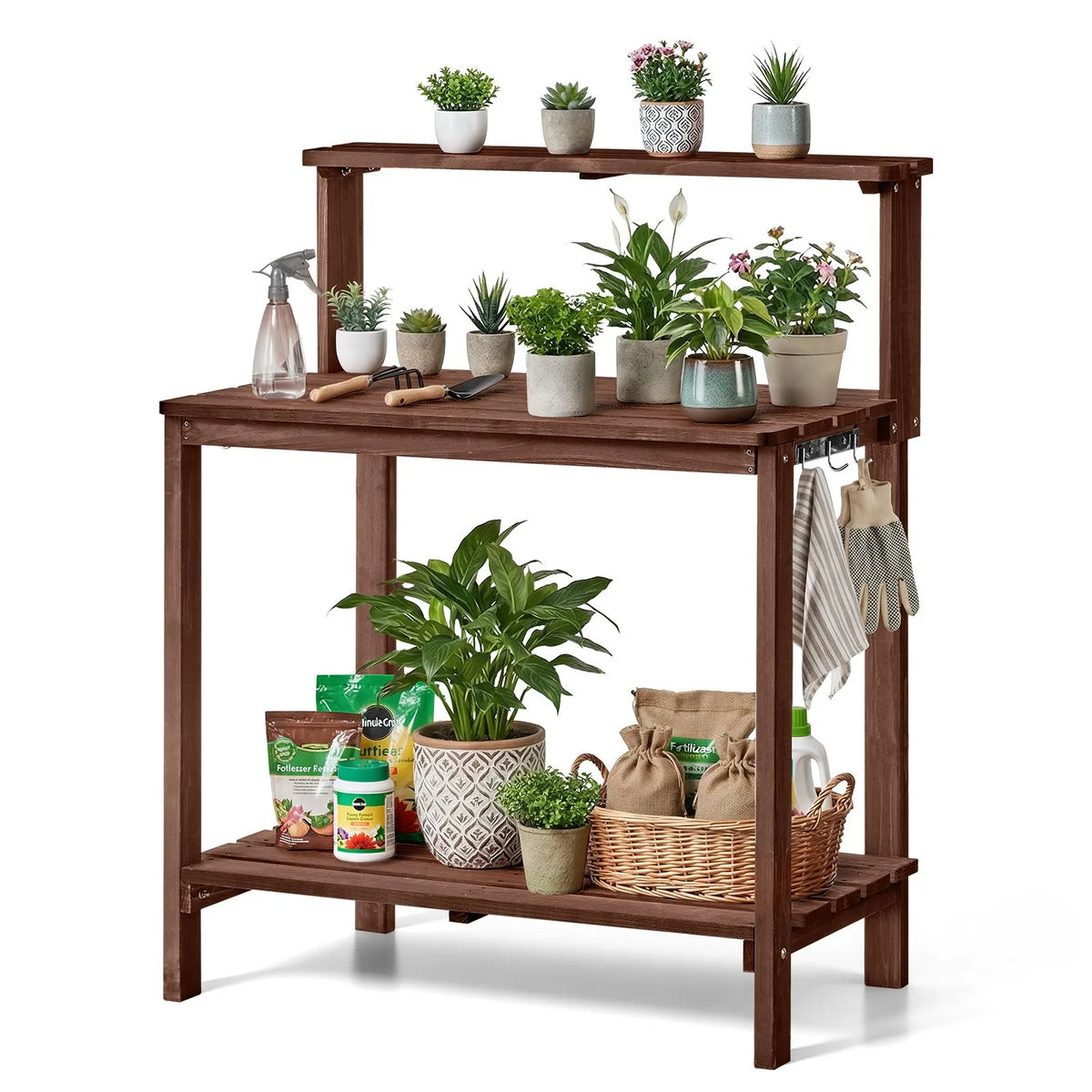 VEVOR dārza darba galds stādu pārstādīšanai ar 91 × 49,5 cm koka virsmu, uzglabāšanas plauktiem un āķi, āra dārzkopības darba stacija terasei un pagalmam, brūns - ZEMLETES.LV