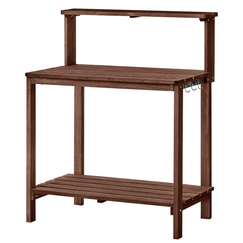 VEVOR dārza darba galds stādu pārstādīšanai ar 91 × 49,5 cm koka virsmu, uzglabāšanas plauktiem un āķi, āra dārzkopības darba stacija terasei un pagalmam, brūns