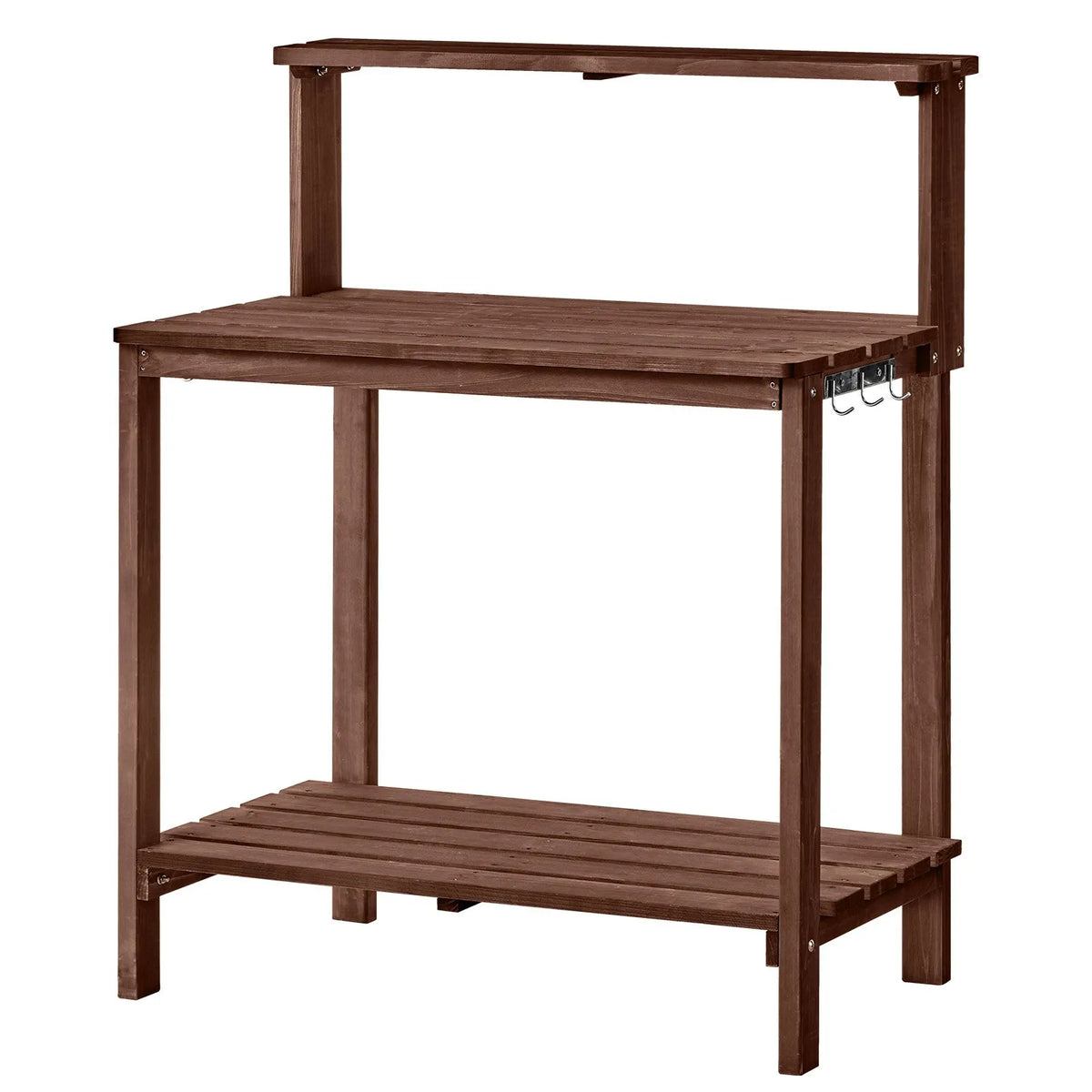 VEVOR dārza darba galds stādu pārstādīšanai ar 91 × 49,5 cm koka virsmu, uzglabāšanas plauktiem un āķi, āra dārzkopības darba stacija terasei un pagalmam, brūns - ZEMLETES.LV