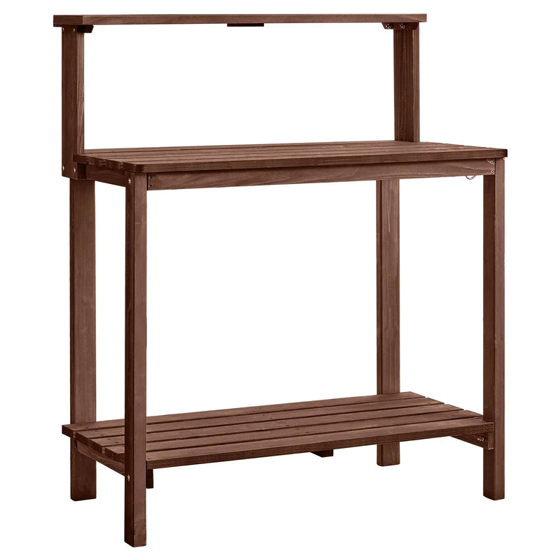 VEVOR dārza darba galds stādu pārstādīšanai ar 91 × 49,5 cm koka virsmu, uzglabāšanas plauktiem un āķi, āra dārzkopības darba stacija terasei un pagalmam, brūns