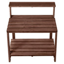 VEVOR dārza darba galds stādu pārstādīšanai ar 91 × 49,5 cm koka virsmu, uzglabāšanas plauktiem un āķi, āra dārzkopības darba stacija terasei un pagalmam, brūns