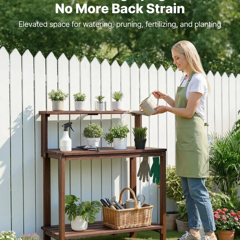 VEVOR dārza darba galds stādu pārstādīšanai ar 91 × 49,5 cm koka virsmu, uzglabāšanas plauktiem un āķi, āra dārzkopības darba stacija terasei un pagalmam, brūns