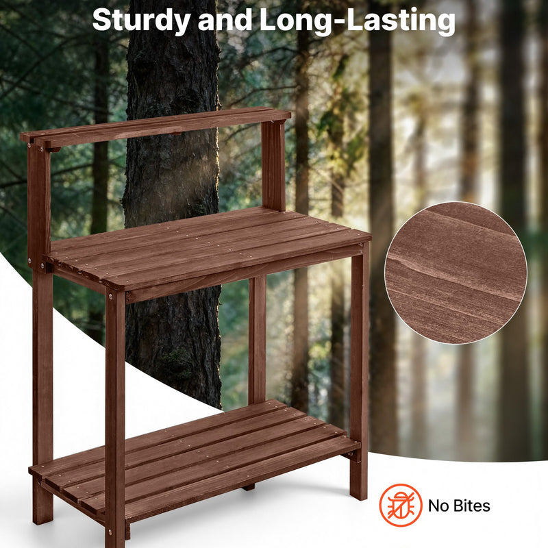 VEVOR dārza darba galds stādu pārstādīšanai ar 91 × 49,5 cm koka virsmu, uzglabāšanas plauktiem un āķi, āra dārzkopības darba stacija terasei un pagalmam, brūns