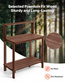 VEVOR dārza darba galds stādu pārstādīšanai ar 91 × 49,5 cm koka virsmu, uzglabāšanas plauktiem un āķi, āra dārzkopības darba stacija terasei un pagalmam, brūns