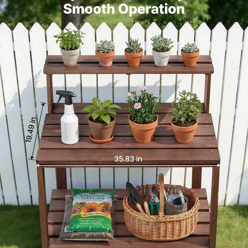 VEVOR dārza darba galds stādu pārstādīšanai ar 91 × 49,5 cm koka virsmu, uzglabāšanas plauktiem un āķi, āra dārzkopības darba stacija terasei un pagalmam, brūns