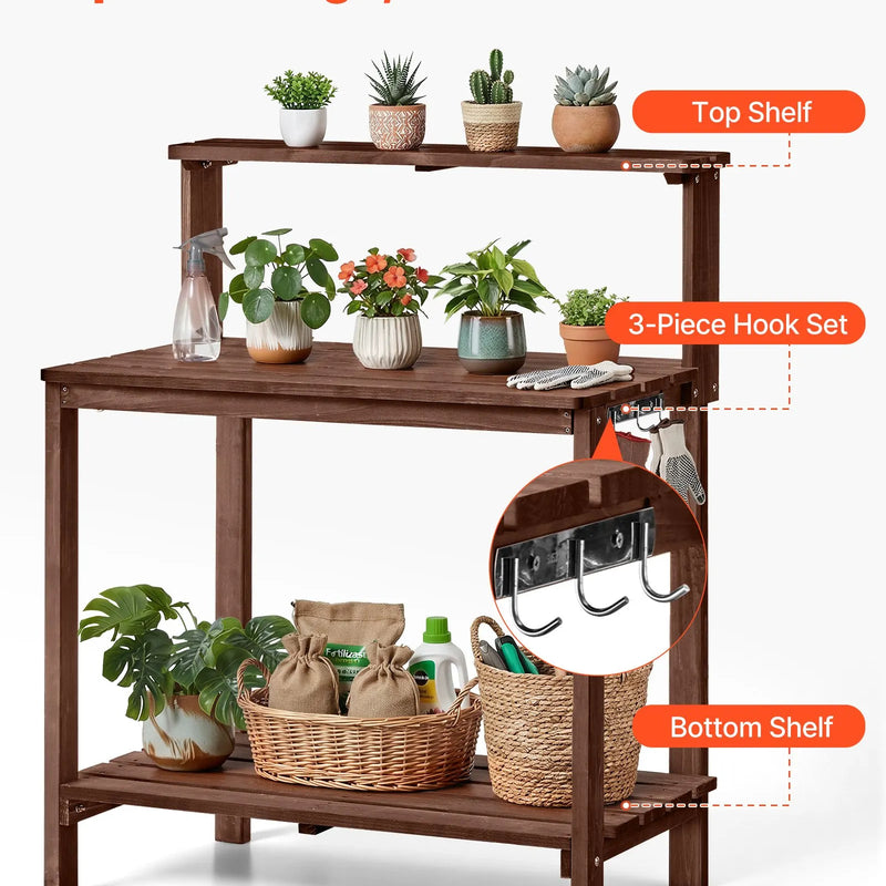 VEVOR dārza darba galds stādu pārstādīšanai ar 91 × 49,5 cm koka virsmu, uzglabāšanas plauktiem un āķi, āra dārzkopības darba stacija terasei un pagalmam, brūns