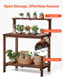 VEVOR dārza darba galds stādu pārstādīšanai ar 91 × 49,5 cm koka virsmu, uzglabāšanas plauktiem un āķi, āra dārzkopības darba stacija terasei un pagalmam, brūns