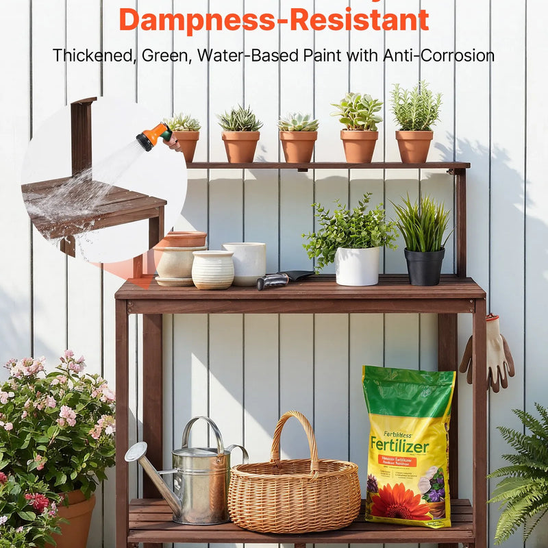 VEVOR dārza darba galds stādu pārstādīšanai ar 91 × 49,5 cm koka virsmu, uzglabāšanas plauktiem un āķi, āra dārzkopības darba stacija terasei un pagalmam, brūns