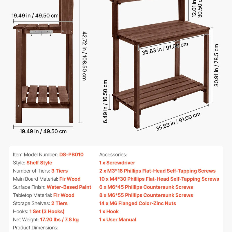 VEVOR dārza darba galds stādu pārstādīšanai ar 91 × 49,5 cm koka virsmu, uzglabāšanas plauktiem un āķi, āra dārzkopības darba stacija terasei un pagalmam, brūns
