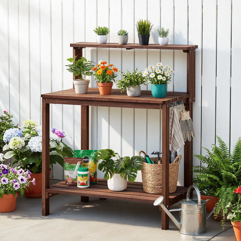 VEVOR dārza darba galds stādu pārstādīšanai ar 91 × 49,5 cm koka virsmu, uzglabāšanas plauktiem un āķi, āra dārzkopības darba stacija terasei un pagalmam, brūns