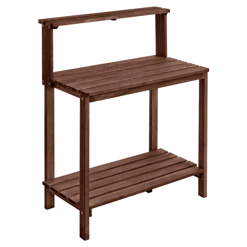 VEVOR dārza darba galds stādu pārstādīšanai ar 91 × 49,5 cm koka virsmu, uzglabāšanas plauktiem un āķi, āra dārzkopības darba stacija terasei un pagalmam, brūns