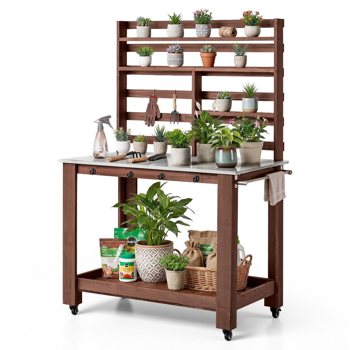 VEVOR dārza darba galds stādu pārstādīšanai ar 115 × 66 cm nerūsējošā tērauda virsmu, uzglabāšanas plauktiem, 4 riteņiem un āķiem, āra dārzkopības darba stacija terasei un pagalmam, brūns - ZEMLETES.LV