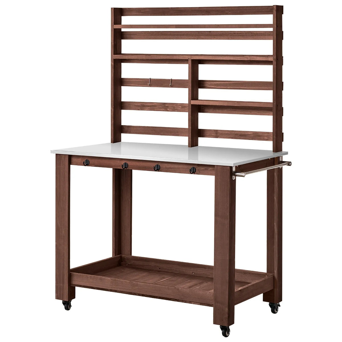 VEVOR dārza darba galds stādu pārstādīšanai ar 115 × 66 cm nerūsējošā tērauda virsmu, uzglabāšanas plauktiem, 4 riteņiem un āķiem, āra dārzkopības darba stacija terasei un pagalmam, brūns - ZEMLETES.LV