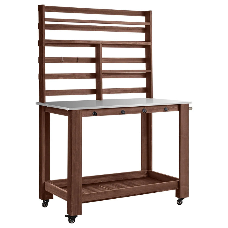 VEVOR dārza darba galds stādu pārstādīšanai ar 115 × 66 cm nerūsējošā tērauda virsmu, uzglabāšanas plauktiem, 4 riteņiem un āķiem, āra dārzkopības darba stacija terasei un pagalmam, brūns