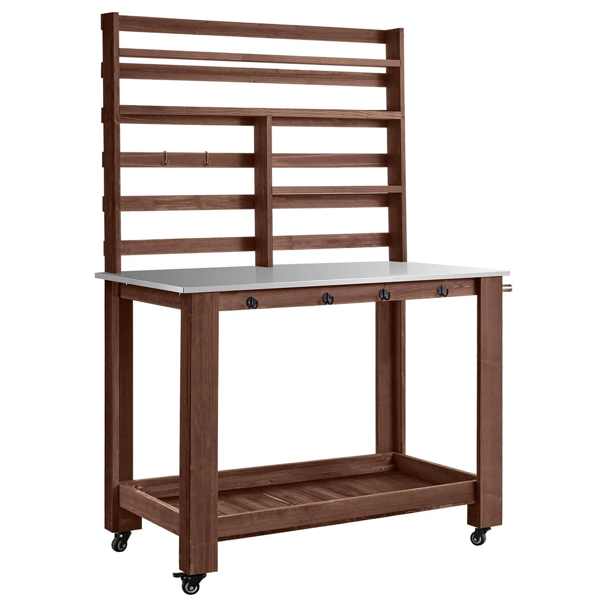 VEVOR dārza darba galds stādu pārstādīšanai ar 115 × 66 cm nerūsējošā tērauda virsmu, uzglabāšanas plauktiem, 4 riteņiem un āķiem, āra dārzkopības darba stacija terasei un pagalmam, brūns - ZEMLETES.LV