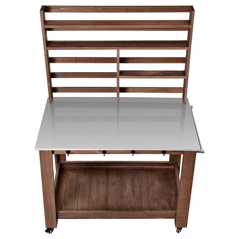 VEVOR dārza darba galds stādu pārstādīšanai ar 115 × 66 cm nerūsējošā tērauda virsmu, uzglabāšanas plauktiem, 4 riteņiem un āķiem, āra dārzkopības darba stacija terasei un pagalmam, brūns