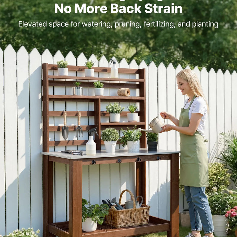 VEVOR dārza darba galds stādu pārstādīšanai ar 115 × 66 cm nerūsējošā tērauda virsmu, uzglabāšanas plauktiem, 4 riteņiem un āķiem, āra dārzkopības darba stacija terasei un pagalmam, brūns
