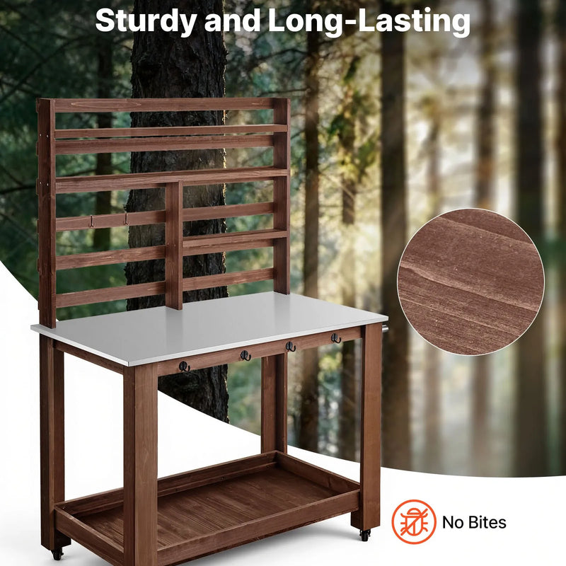 VEVOR dārza darba galds stādu pārstādīšanai ar 115 × 66 cm nerūsējošā tērauda virsmu, uzglabāšanas plauktiem, 4 riteņiem un āķiem, āra dārzkopības darba stacija terasei un pagalmam, brūns