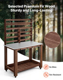 VEVOR dārza darba galds stādu pārstādīšanai ar 115 × 66 cm nerūsējošā tērauda virsmu, uzglabāšanas plauktiem, 4 riteņiem un āķiem, āra dārzkopības darba stacija terasei un pagalmam, brūns