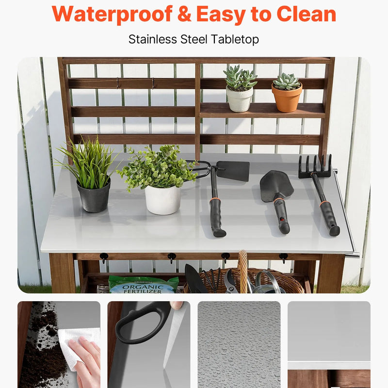 VEVOR dārza darba galds stādu pārstādīšanai ar 115 × 66 cm nerūsējošā tērauda virsmu, uzglabāšanas plauktiem, 4 riteņiem un āķiem, āra dārzkopības darba stacija terasei un pagalmam, brūns
