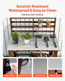 VEVOR dārza darba galds stādu pārstādīšanai ar 115 × 66 cm nerūsējošā tērauda virsmu, uzglabāšanas plauktiem, 4 riteņiem un āķiem, āra dārzkopības darba stacija terasei un pagalmam, brūns