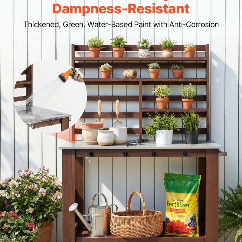 VEVOR dārza darba galds stādu pārstādīšanai ar 115 × 66 cm nerūsējošā tērauda virsmu, uzglabāšanas plauktiem, 4 riteņiem un āķiem, āra dārzkopības darba stacija terasei un pagalmam, brūns